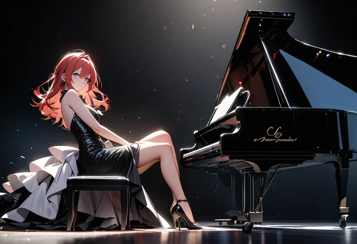 professional photograph, concert, highly detailed face, gorgeous redhead pianist on stage, sexy dress, gorgeous legs, pitch black background, spotlight shining on the pianist