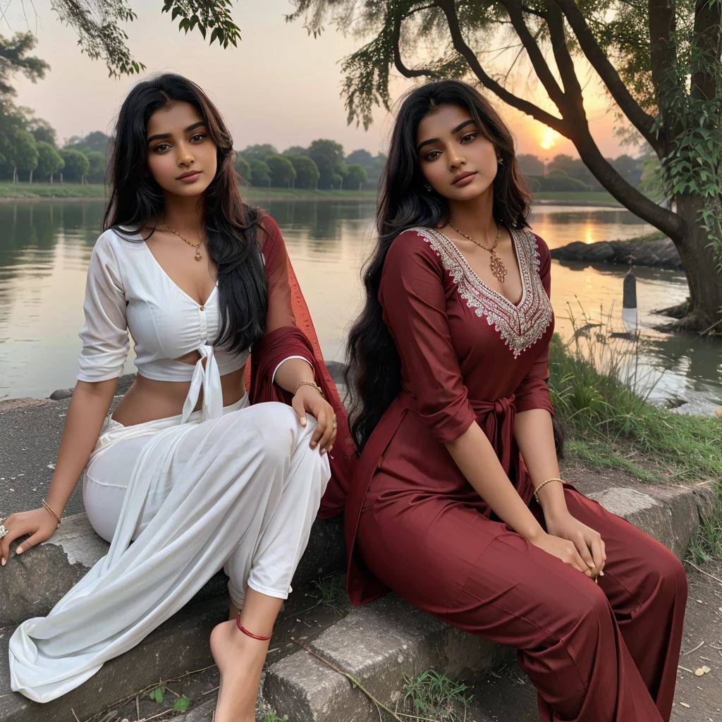 In evening time, Indian brown real girl (single girl) age of 21 with black tied hair in red suit and white salwar with red dupatta over her chest,  sitting down tree on the bank of river meeting with simple looking boy of 21 yr sexy eyes