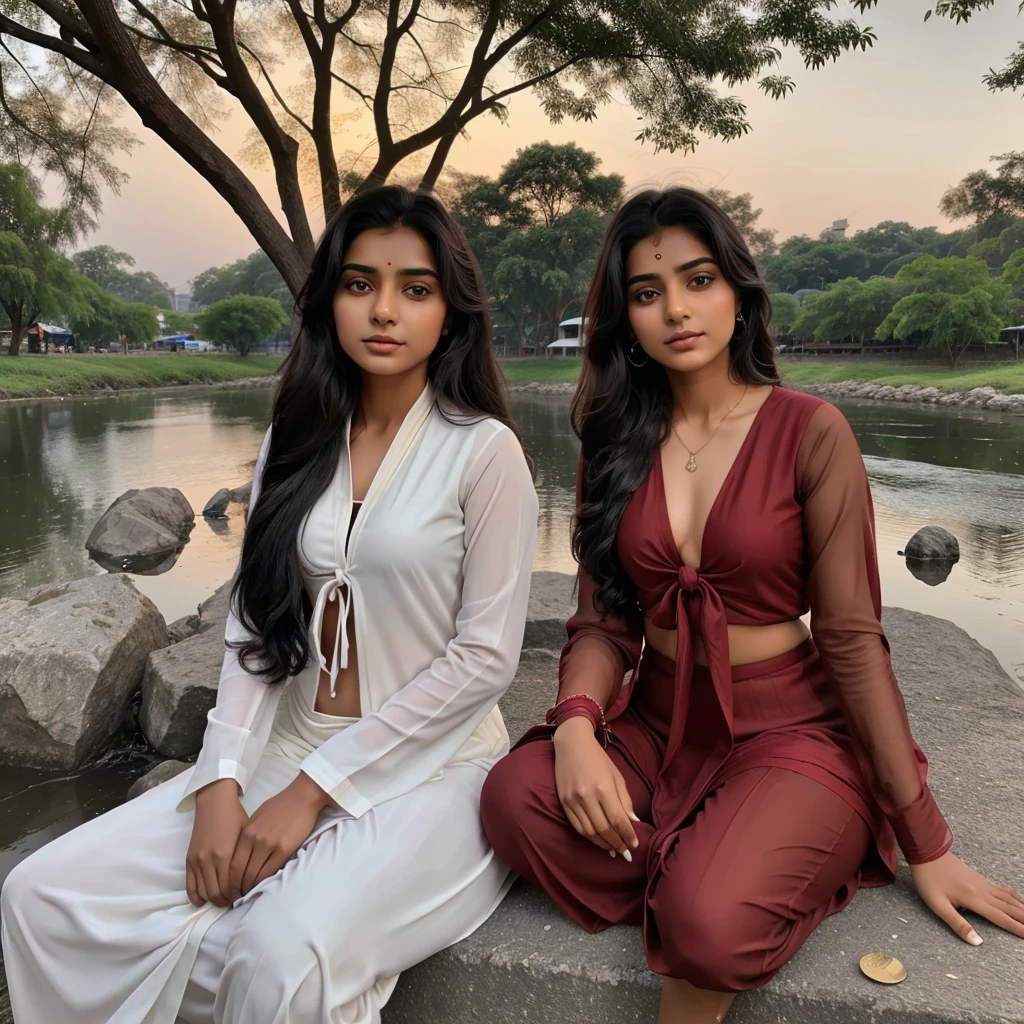 In evening time, Indian brown real girl (single girl) age of 21 with black tied hair in red suit and white salwar with red dupatta over her chest, sitting down tree on the bank of river meeting with simple looking boy of 21 yr sexy eyes