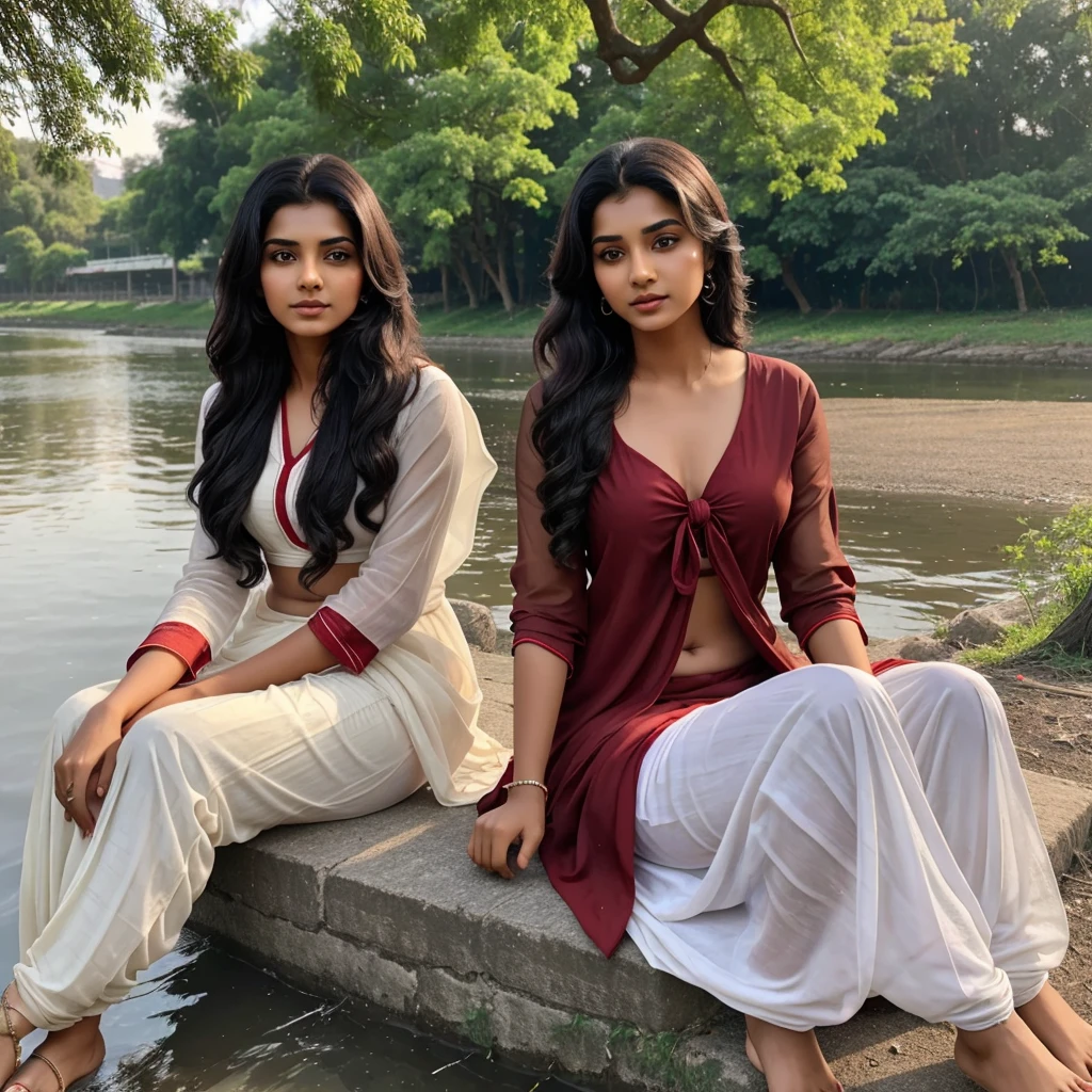 In evening time, Indian brown real girl (single girl) age of 21 with black tied hair in red suit and white salwar with red dupatta over her chest, sitting down tree on the bank of river meeting with simple looking boy of 21 yr sexy eyes
