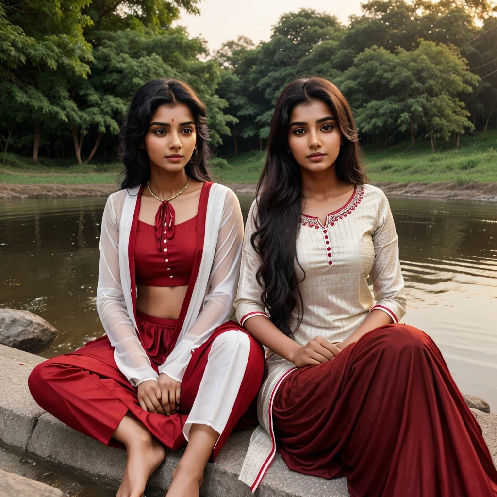 In evening time, Indian brown girl (single girl) age of 21 with black tied hair in red suit and white salwar with red dupatta sitting down tree on the bank of river and a boy of 21 yr on other side of same river looking to girl.