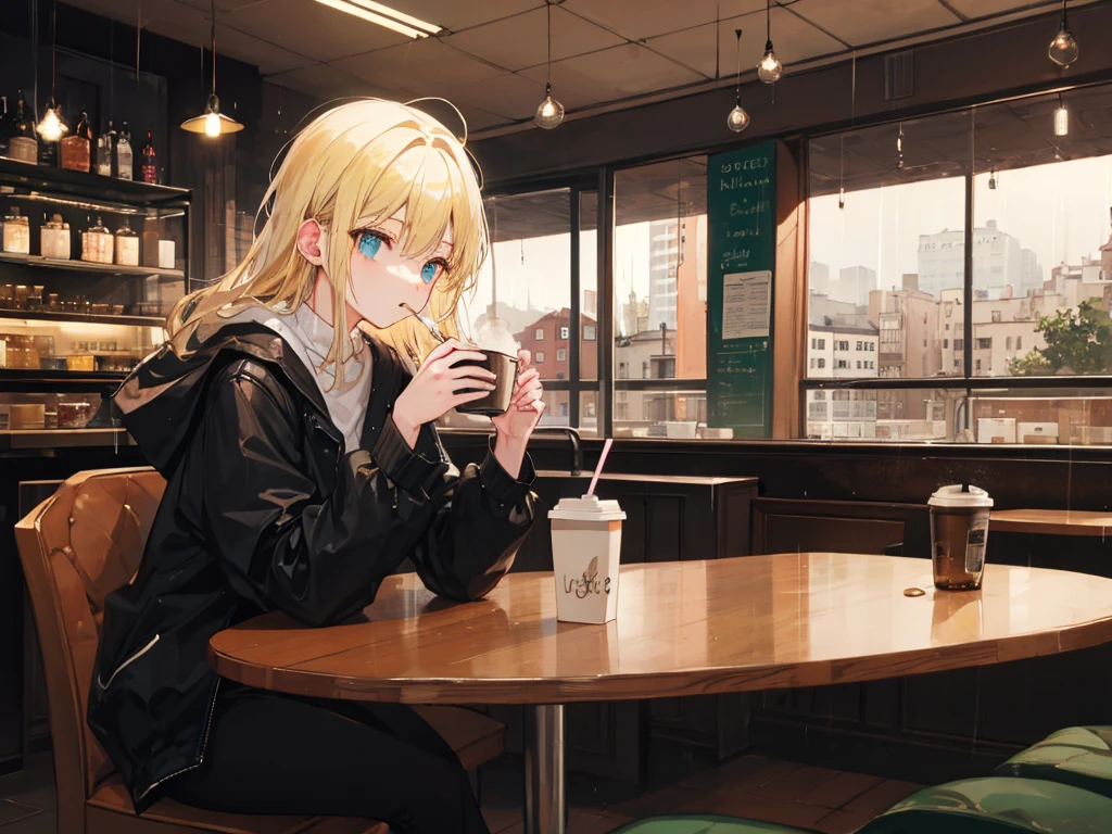 Lo-Fi Blonde woman drinking coffee in a cafe Slow Tempo Rainy Town window Neon Town 29-year-old