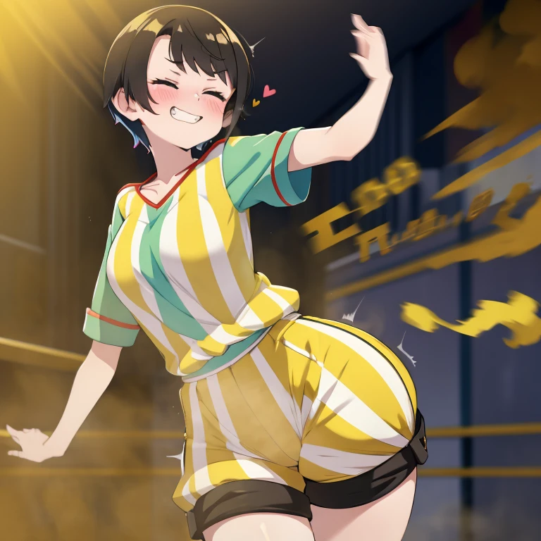 HD, solo, 1female, subaru oozora, pale skin , yellow striped shirt, blue shorts, black short hair, tall and skinny, farting, massive fart, yellow smoke rising, relieved face, smiling, closed eyes, clenching teeth, blush, alone in dance floor, heart signs