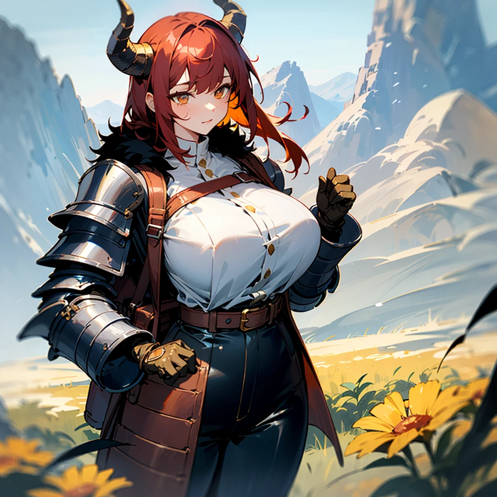 One young Korean woman with golden eyes and lush red hair and large horns, wet bronze skin, huge chest, wearing a blue coat with black fur and rolled up sleeves, steel silver heavy armor, wide leather red belt with large gold yarn, leather black pants, leather gloves, a hiking backpack, stands in the middle of a meadow blooming with flowers against the backdrop of high mountains and forests, not two characters,