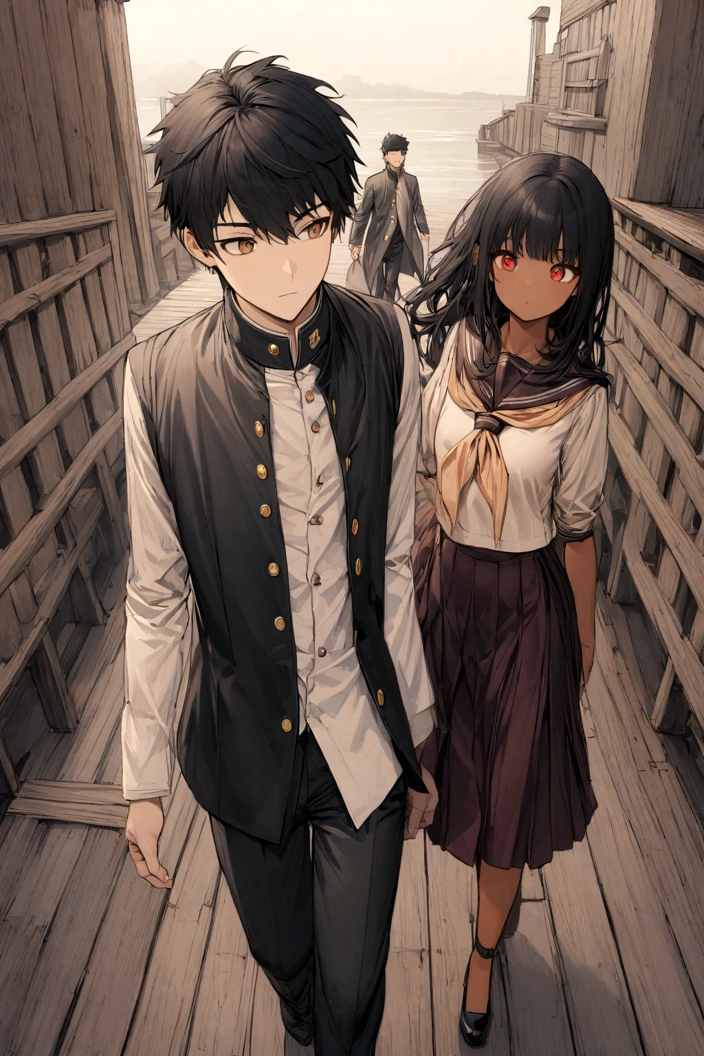 A boy with light tan skin and black hair and brown eyes wearing a gakuran while walking on the pier with a girl with black hair and light skin and red eyes wearing a sailor fuku skirt long