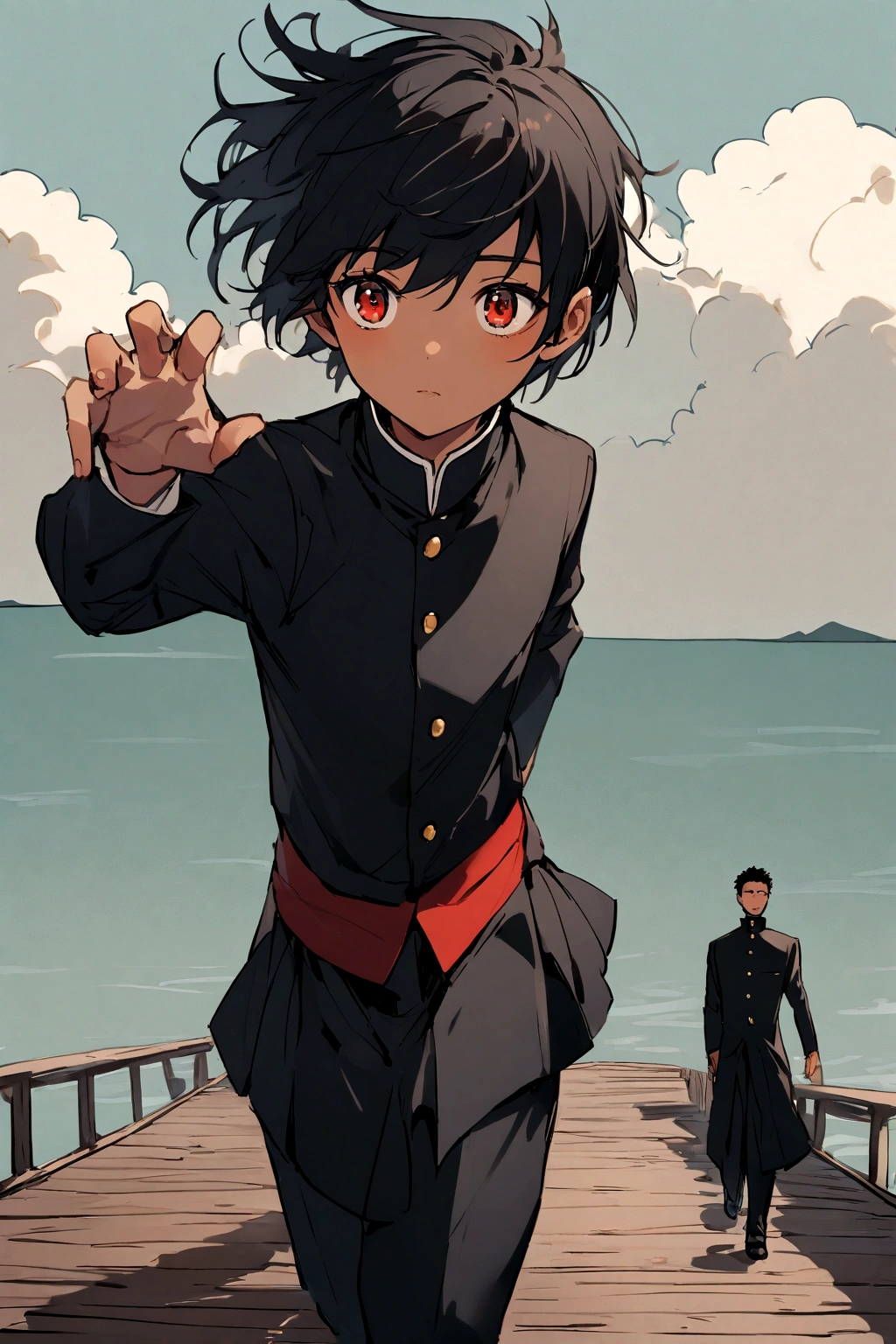 A boy with light tan skin and black hair and brown eyes wearing a gakuran while walking on the pier with a girl with black hair and light skin and red eyes wearing a sailor fuku skirt long