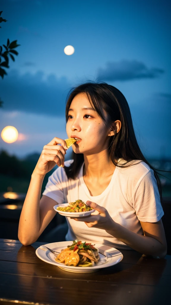 ((best quality)), ((masterpiece)), (detailed), 1girl, eating some traditional food, with background bright light of big moon