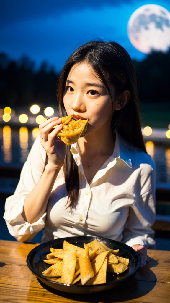 ((best quality)), ((masterpiece)), (detailed), 1girl, eating some traditional food, with background bright light of big moon