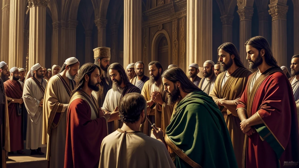 jesus,pilate,traditional,religious,painting,oil,pictorial technique,expressive brushstrokes,dramatic lighting,symbols of faith,emotional,religious devotion,cross,detailed faces,sacred atmosphere,vivid colors,divine illumination,celestial aura,deep shadows, sacred figures,Artwork:1.2,realistic,high resolution,ultra-detailed