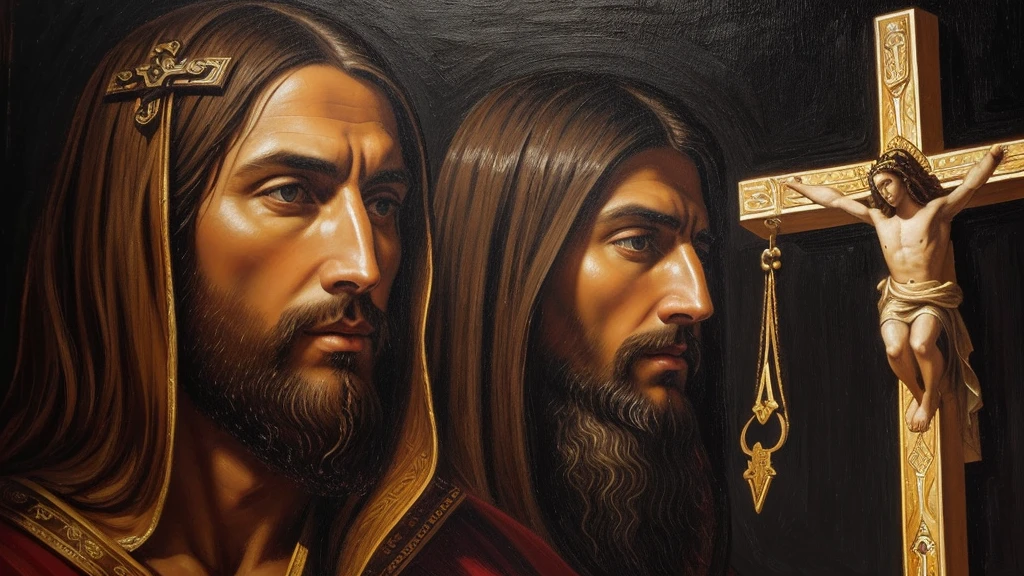 jesus,pilate,traditional,religious,painting,oil,pictorial technique,expressive brushstrokes,dramatic lighting,symbols of faith,emotional,religious devotion,cross,detailed faces,sacred atmosphere,vivid colors,divine illumination,celestial aura,deep shadows, sacred figures,Artwork:1.2,realistic,high resolution,ultra-detailed