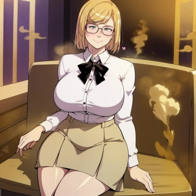 HD, solo, 1female, erica bartholomew, pale skin, office outfit, tight skirt, wearing glasses, blonde hair, farting, massive fart, yellow smoke rising, relieved face, smiling, blush, sitting on seat, alone in office, heart signs