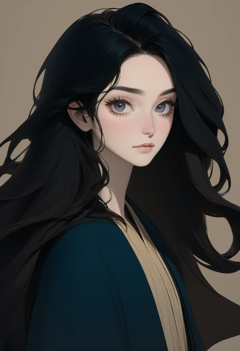 (Androgynous person), (white skin, pale skin), (long hair, black hair, loose hair, wavy hair, hair framing the face), (oval thin face, V-shaped chin), (hollow cheeks), (mysterious dark eyes), (arched brows), (((big hooked nose))), (close view, bust), (sorcerer clothing), (PERFECT ANATOMY)+++