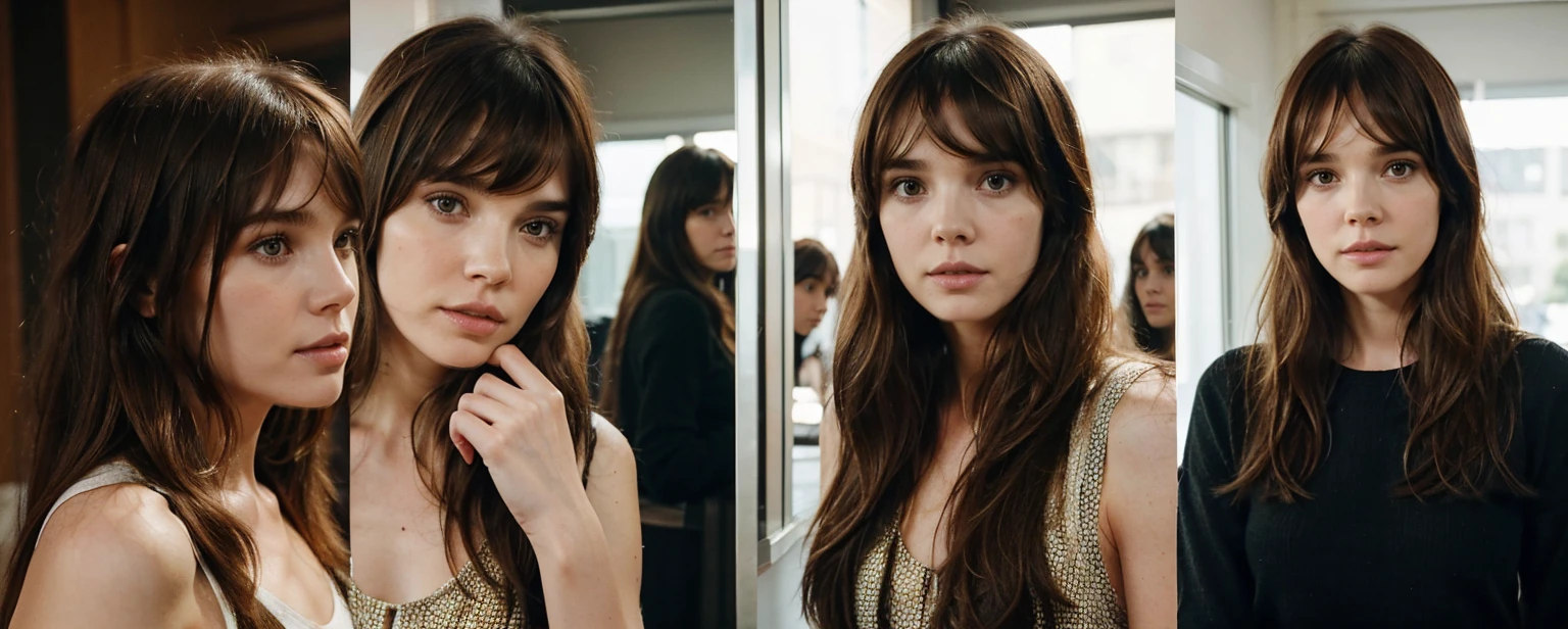 1girl, One Very thin skinny tall pretty skinny zoey deutch, 39 years old, mid long hair, bangs, fringe hair, chatain hair ,bangs hair falling over the forehead, heavy bangs, her hair looks like freja beha erichsen hair, 