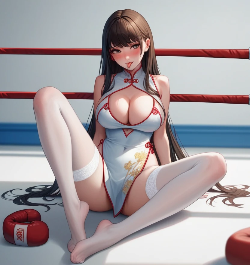 Korean beauty,18 years old,Pretty Face,Good shape,detailed picture, Shy expression,Stick out your tongue, blush,White long hair, Wearing cheongsam, Wear black garter stockings, Wearing boxing gloves,No shoes, Sitting Alone in the Boxing Ring,Extend your right foot forward,Large Breasts,Cleavage,Long legs,Thin waist,nipple,