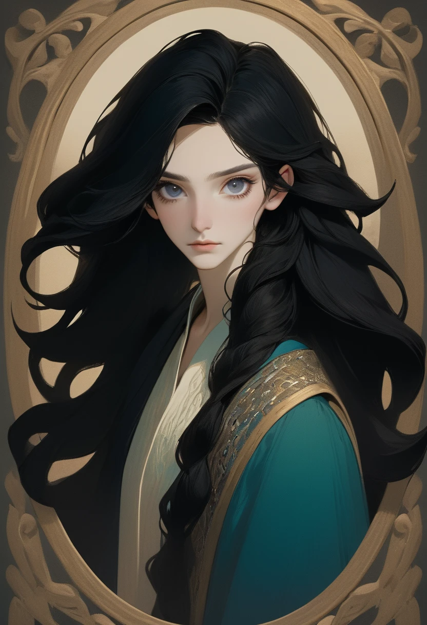 (Androgynous person), (white skin, pale skin), (long hair, black hair, loose hair, wavy hair, hair framing the face), (oval thin face, V-shaped chin), (hollow cheeks), (mysterious dark eyes), (((big hooked nose))), (close view, bust), (sorcerer clothing), (PERFECT ANATOMY)+++