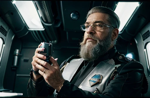 Ele olha Para uma tela de holograma a sua frente , He is looking at his mechanical palm, He observes his own bionic hand, The space general aged 65 has long gray beard and long beard, wears a futuristic uniform, he is fat bearded, long sleeve uniform , wearing leather gloves on your hands, he has his arms crossed seriously, speaking to the viewer, He wears a white general's hat on his head. He wears a general's hat.