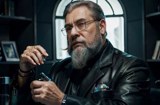 Ele olha Para uma tela de holograma a sua frente , He is looking at his mechanical palm, He observes his own bionic hand, The space general aged 65 has long gray beard and long beard, wears a futuristic uniform, he is fat bearded, long sleeve uniform , wearing leather gloves on your hands, he has his arms crossed seriously, speaking to the viewer, He wears a white general's hat on his head. He wears a general's hat.