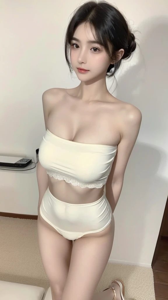 Beautiful woman with perfect body:1.4,Layered Hairstyle,Exposing the entire tender and huge breasts:1.2,Bandeau:1.5,Highly detailed face and skin textures,Narrow eyes,Double eyelids,Skin Whitening,Short hair details,Full body female love
