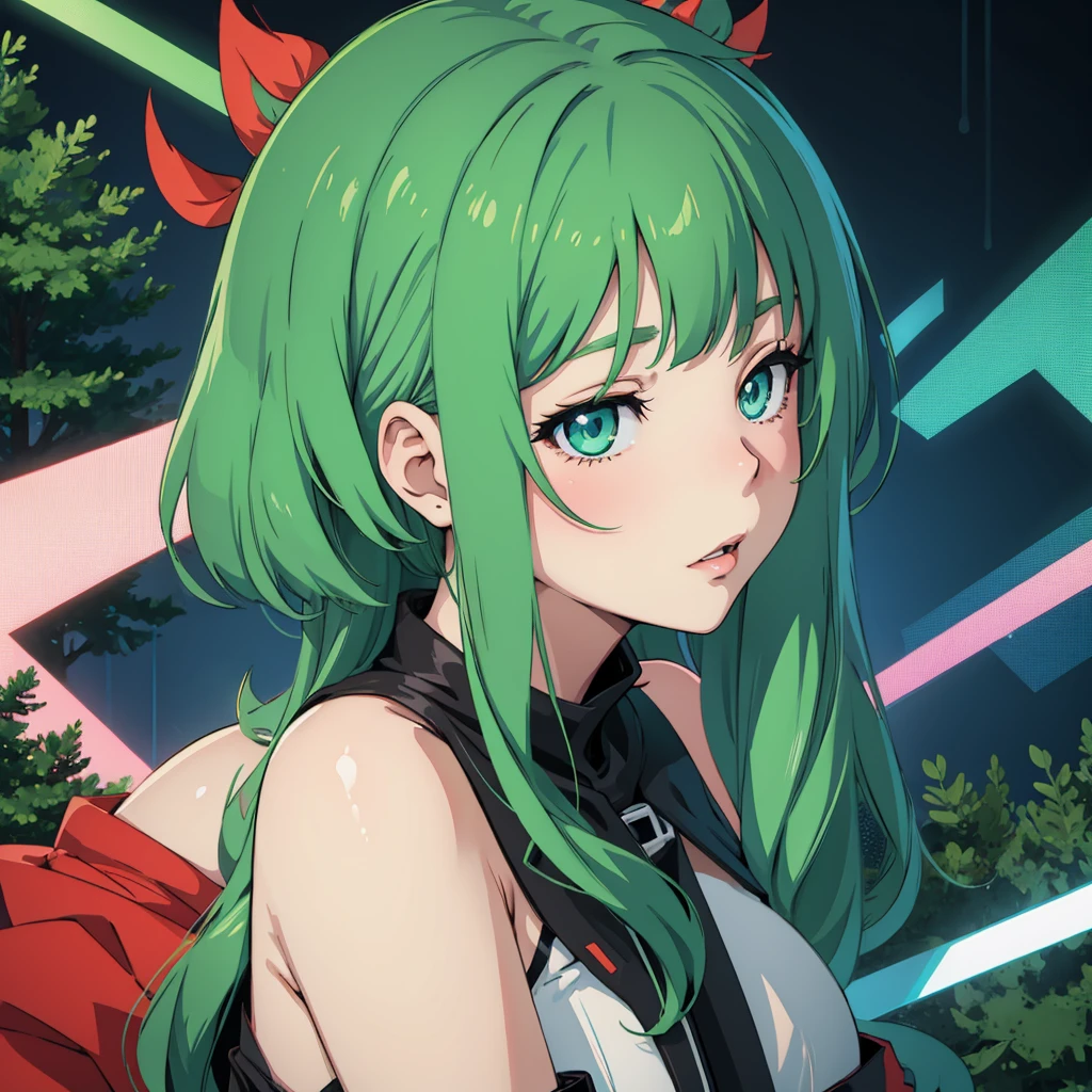 sexy anime girl, evergreen tree, hyperpop, glitchy, distorted