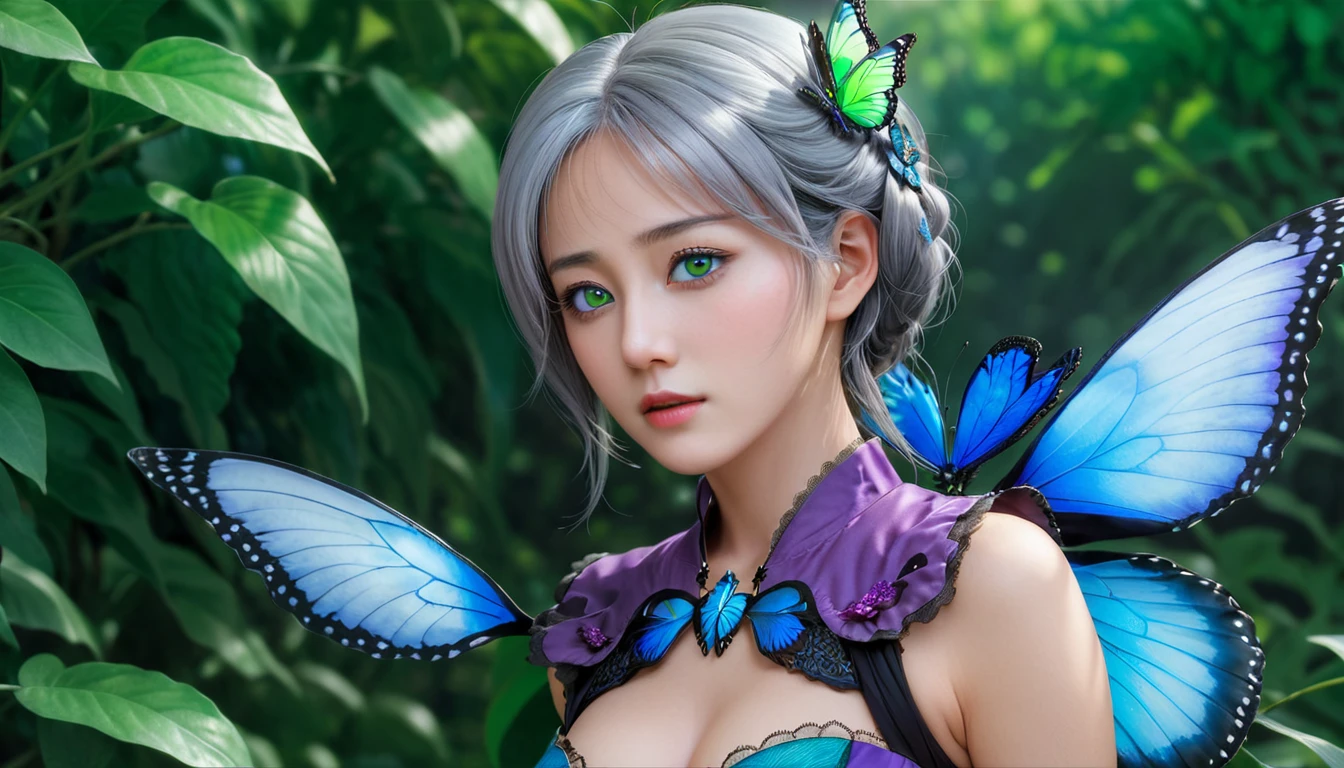 ((masterpiece)), (((best quality))), ((very detailed)), fancy, HDR, 1 woman, alone, upper body, gray hair,green eyes, Luotian (Chason),Chason, black and purple dress, (Blue butterfly), white butterfly wings