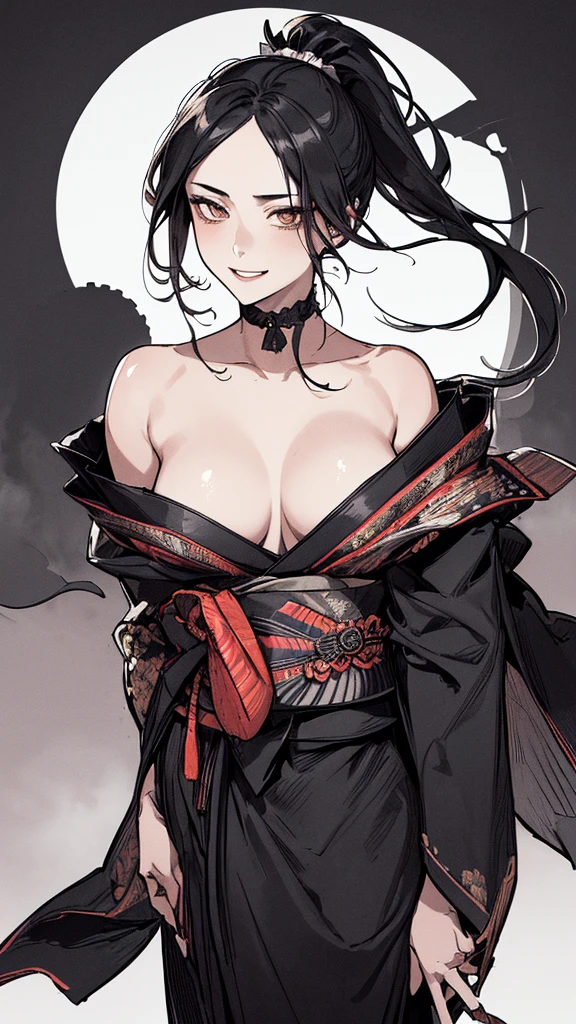 Best quality, (background detail), high contrast, very beautiful woman, detailed original illustration, functional, samurai, kimono, black hair, ponytail delicate face, charm, bad girl, sexy, real breasts, crazy smile, crazy eyes, black background, (black background: 1. 5), beautiful line drawing, monochrome