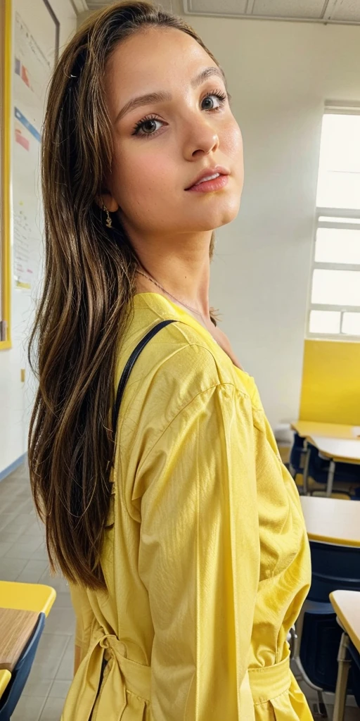 Larissa Manoela at school, yellow , in classroom, neckline, expressive eyes, back view