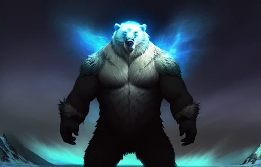 The bear is growling furiously, the bear is out of control, Polar bear stands looking at the sky Medium muscular, frozen planet setting, snowstorm , zoomed in on crotch, , chunie, darkgem, He uses an old, torn blanket made of animal hide as a garment for his body.