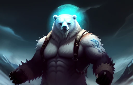 The bear is growling furiously, the bear is out of control, Polar bear stands looking at the sky Medium muscular, frozen planet setting, snowstorm , zoomed in on crotch, , chunie, darkgem, He uses an old, torn blanket made of animal hide as a garment for his body.