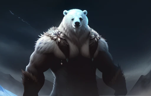 The bear is growling furiously, the bear is out of control, Polar bear stands looking at the sky Medium muscular, frozen planet setting, snowstorm , zoomed in on crotch, , chunie, darkgem, He uses an old, torn blanket made of animal hide as a garment for his body. 
