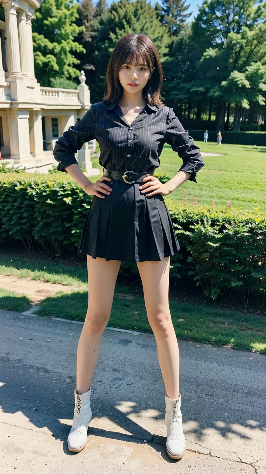 (8K、RAW Photos、Highest quality、masterpiece:1.2)、(Realistic、Realistic)、1 Girl、((Check mini skirt、Medium Hair、black、Thin legs、whole body、boots、blackいコート、one piece、garden、View from the front、Looking into the camera、belt、Stand with hands on hips))、