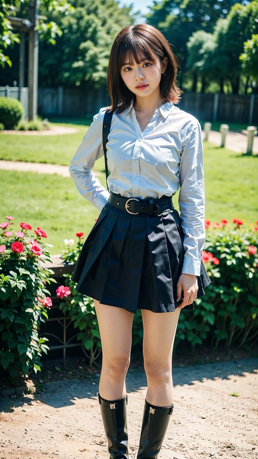 (8K、RAW Photos、Highest quality、masterpiece:1.2)、(Realistic、Realistic)、1 Girl、((Check mini skirt、Medium Hair、black、Thin legs、whole body、boots、blackいコート、one piece、garden、View from the front、Looking into the camera、belt、Stand with hands on hips))、