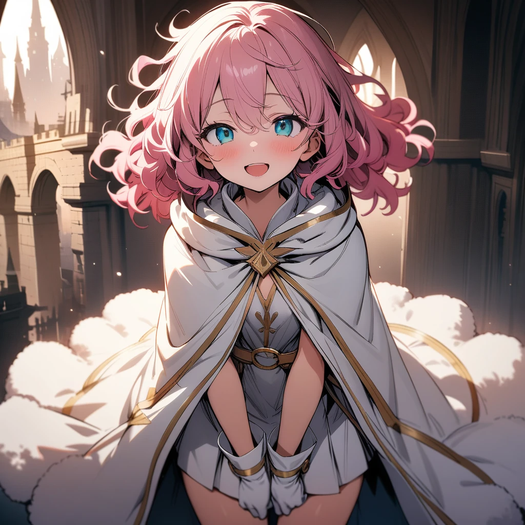 (masterpiece),(best quality),very aesthetic,(ultra-detailed),(illustration),nsfw,1girl,18yo,slender,pink hair,curly hair,fluffy hair,(Hair is frizzy upward),short hair,disheveled hair,aqua blue eyes,light smile,open mouth,happy,humble,white wizard robe,white glove,white skirt,Cloak fastened with gold ornamental buckle in front,white wizard cloak with gold trimmed,standing,castle,arms between legs,Fluffy gray boots,Gold belt around the waist,cowboy shot