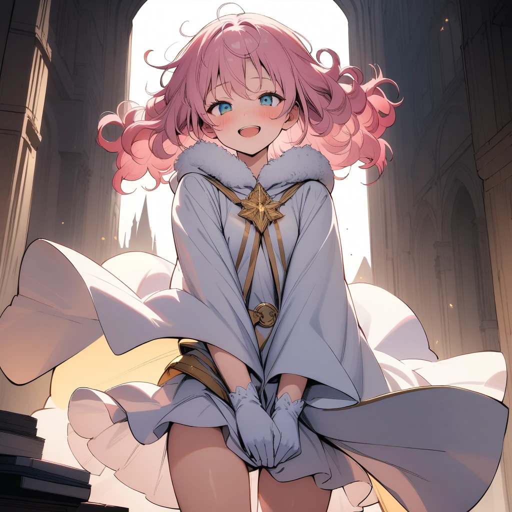 (masterpiece),(best quality),very aesthetic,(ultra-detailed),(illustration),nsfw,1girl,18yo,slender,pink hair,curly hair,fluffy hair,(Hair is frizzy upward),short hair,disheveled hair,aqua blue eyes,light smile,open mouth,happy,humble,white wizard robe,white glove,white skirt,Cloak fastened with gold ornamental buckle in front,white wizard cloak with gold trimmed,standing,castle,arms between legs,Fluffy gray boots,Gold belt around the waist,cowboy shot