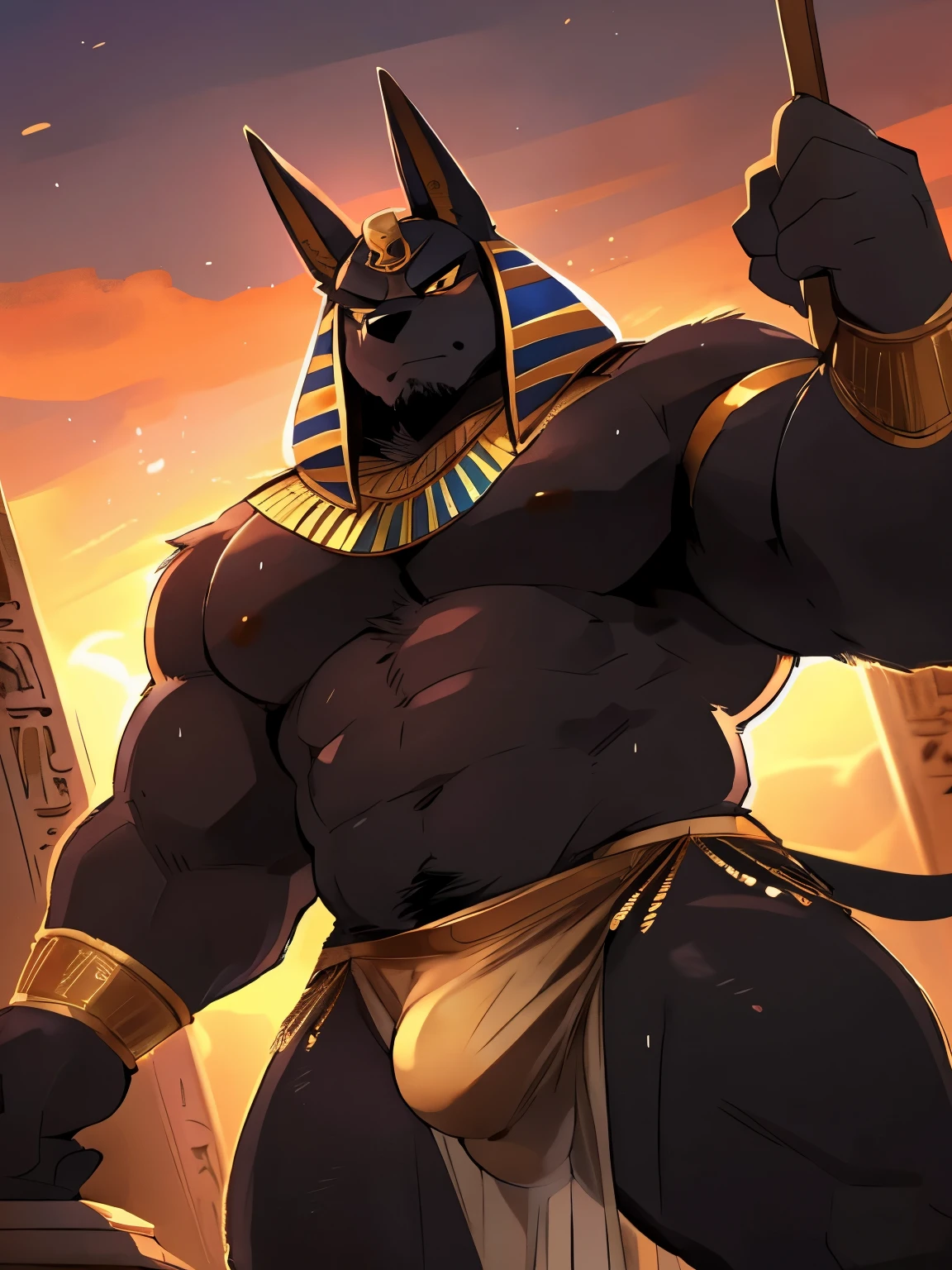 Muscular, male, furry, fluffy, Covered scars, bare chest, hot, (wet: 1.3), abs, wide body, egyptian jewelry, egyptian armor, Looking at viewers, thick beard , (bara pecs: 1.1), anthro jackal, anubis mask, black body, black furr chest, wide body, (big chest: 1.3) , thick thighs, royal black loincloth, (bulge: 1.1), barely visible , detailed genitals , intimidating frown expression, gold nipples ring, daatic lighting, sunset, low angle, dutch angle, by hyaku , by darkgem