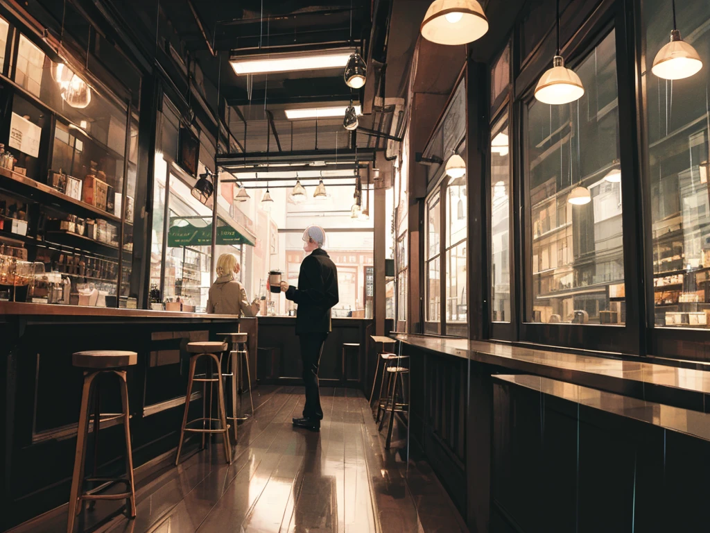 Lo-Fi　A blonde woman and a dark-haired, slender man with glasses drinking coffee in a cafe　Slow Tempo　Rainy Town　window　Neon Town　29-year-old