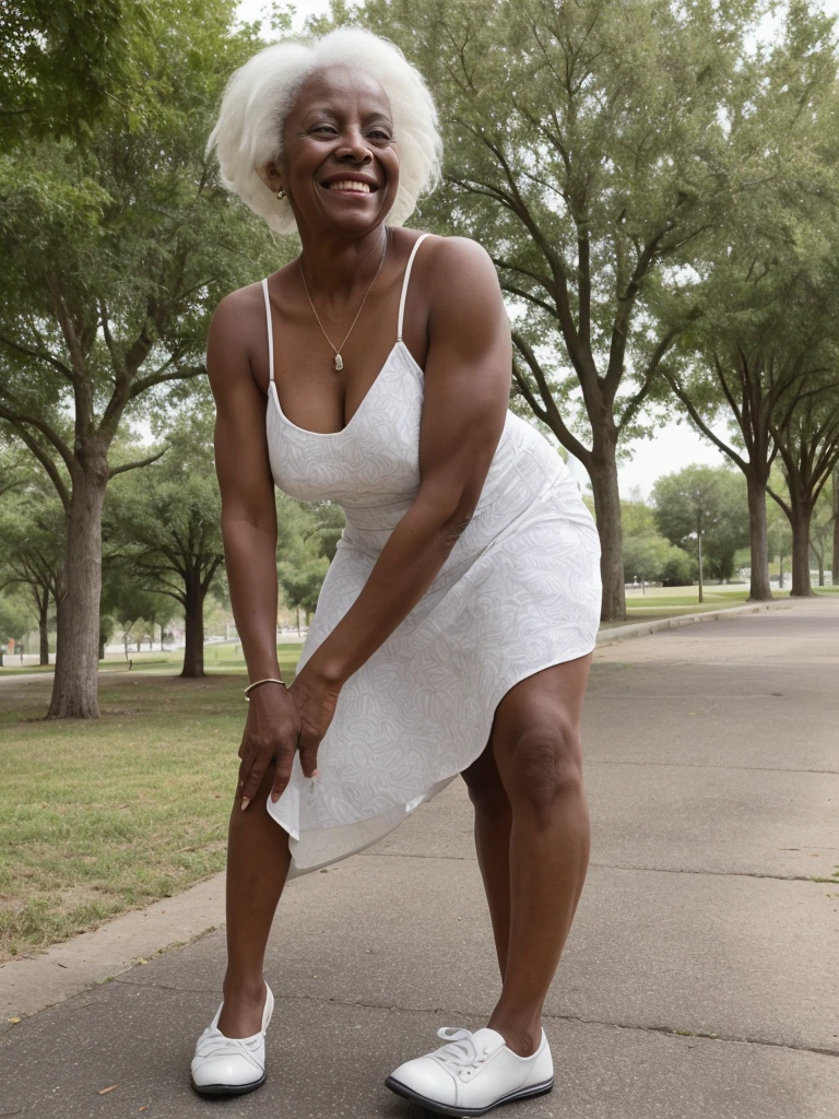Androeda, solo, realistic, black girl, ((85-year-old girl)), ((mature)), ((old woman)), ((wrinkled woman)), african american old woman, old black woman, dark-skinned, (((upper body and upper legs))), ((outside city park)), ((wide shot)), smiling, wearing white wrap dress, white hair