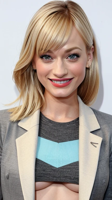 Beth Behrs dressed in clothes made of pencil with painted lips and a smile