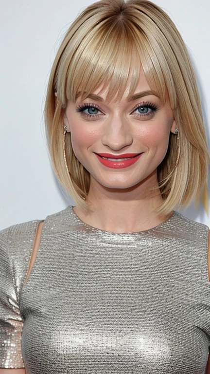 Beth Behrs dressed in clothes made of pencil with painted lips and a smile