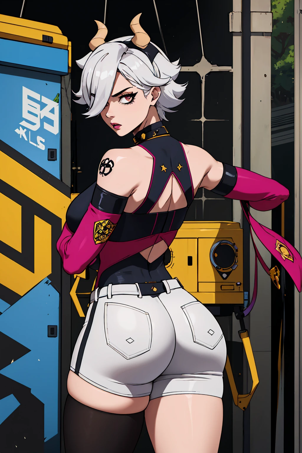 (work of art:1.2, best qualityer), (Actual image, details Intricate), (1 lady, standing alone, curvy upper body, big fit ass ) The clothes are gold and yellow:avantgarde,avantgarde,Try it on the look:dramatic waterfall,Unconventional fashion choice behavior:rebelliousness、non-conformist、Place of provocation:demon eyes,Urban Art District、Locais de música underground Hobbies:Participation in punk shows、Creating mixed media art、Experience different subcultural values:individuality、really、Creative expression of inspiration:punk rock music、counterculture icons,Character traits of the avant-garde art movement:boldness、boldness、act outside the box。gothic dark vibe