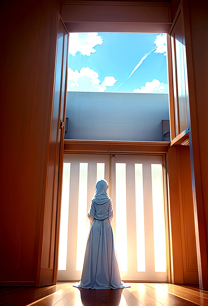 the girl is wearing a simple white hijab, long hijab, she is wearing a very long simple white dress, the dress covers her legs, the dress has long sleeves, ((loose white dress)), wide dress, back view, back view, the girl is sitting on a chair The wood in the room is exposed to a tinge of blue light from outside. In the window of the room you can see a bright blue sky and glowing white clouds,
