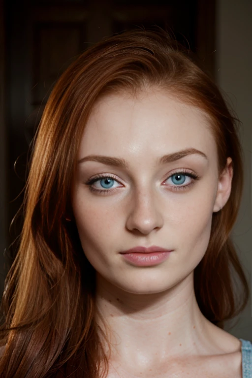Sophie Turner, detailed face, red-haired, freckles, detailed light blue eyes, realistic textured skin, muscle girl, busty, nude, Full body