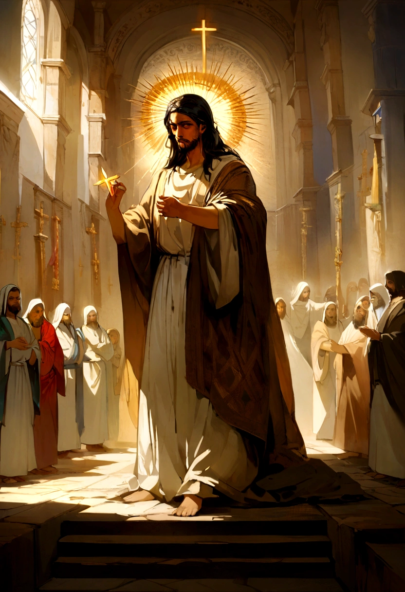 jesus,nicodemus,traditional,religious,painting-like,oil,Pictorial technique,expressive brushstrokes,dramatic lighting,Symbols of Faith,emotional,religious devotion,Cross up,detailed faces,sacred atmosphere,bright coloured,divine lighting,heavenly aura,deep-shadows,sacred figures,work of art:1.2,realisitic,high resolution,ultra detali