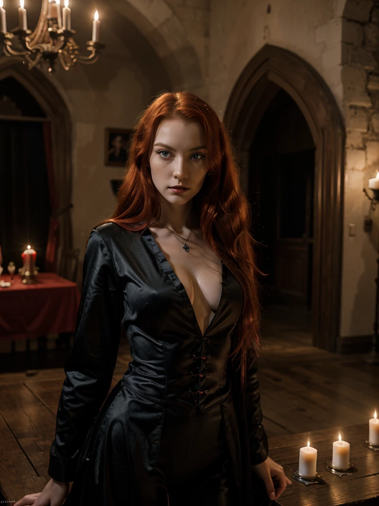 8k, RAW photo, best quality, ultra high resolution, photorealistic, realistic photo of skinny redhead girl dracula, (skinny girl dracula, 20 years old, slim face, blue eyes, red hair, wavy hair), in the dracula castle, van helsing style interior, candles, coffins, bright cinematic light, (full body picture), standing posing for picture, sexy pose, (wearing dracula costume), (looking at viewer), fierce look, menace, danger, High Detail, Sharp focus, bright light