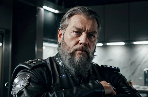 He is looking at his mechanical palm, He observes his own bionic hand, The space general aged 65 has long gray beard and long beard, wears a futuristic uniform, he is fat bearded, long sleeve uniform , wearing leather gloves on your hands, he has his arms crossed seriously, speaking to the viewer, He wears a white general's hat on his head. He wears a general's hat.