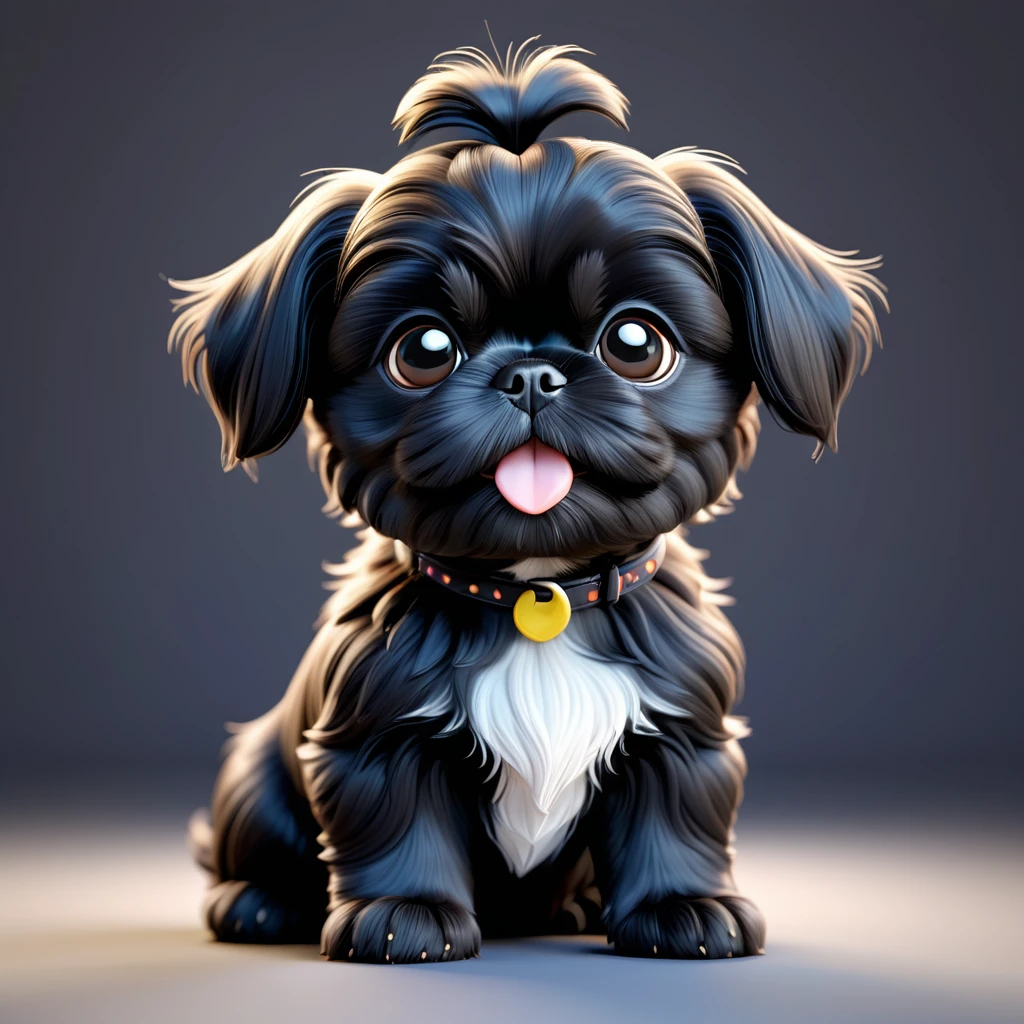 Adorable small black Shih Tzu puppy 3d cartoon, 3d render, disney pixar style