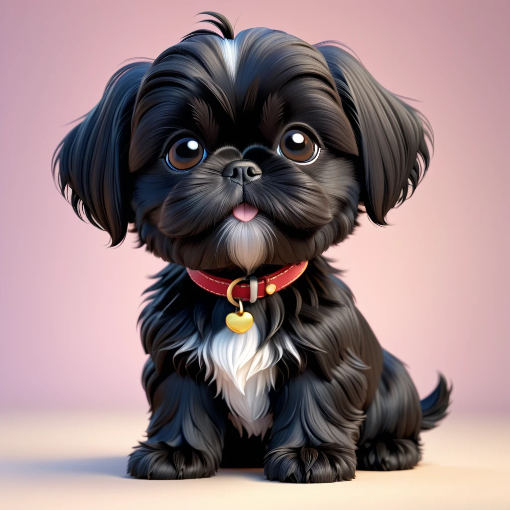Adorable small black Shih Tzu puppy 3d cartoon, 3d render, disney pixar style