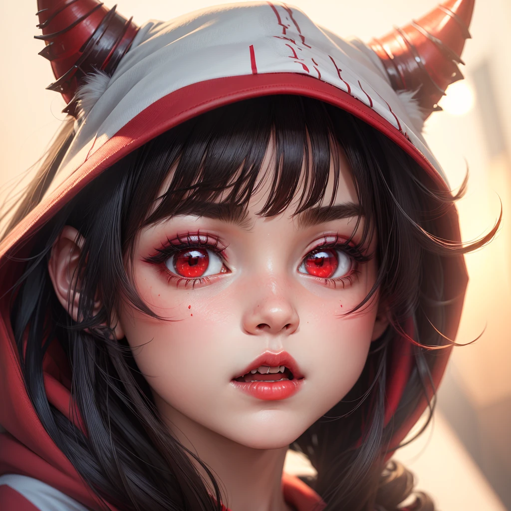 A girl wearing (((red))) hoodie with devil horn on it, red pupil, red lips with small fang