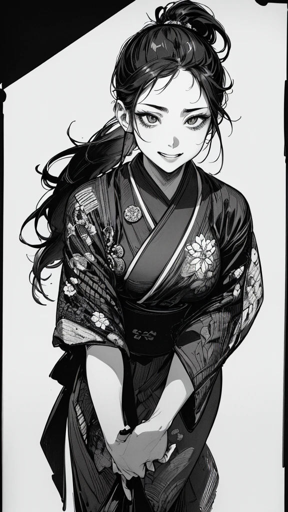 Best quality, (background detail), high contrast, very beautiful woman, detailed original illustration, functional, samurai, kimono, black hair, ponytail delicate face, charm, bad girl, sexy, real breasts, crazy smile, crazy eyes, black background, (black background: 1. 5), beautiful line drawing, monochrome