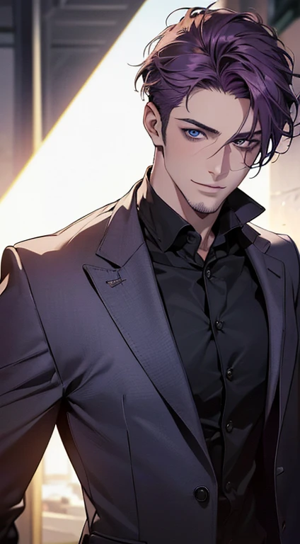 (best quality,4k,8k,highres,masterpiece:1.2),ultra-detailed,(realistic,photorealistic,photo-realistic:1.37),1 man,31 years old,mature man,very handsome,without expression,smile,short purple hair,blue eyes,penetrating gaze,perfect face without errors,imposing posture,businessman,office background,cinematic lighting,hdr image