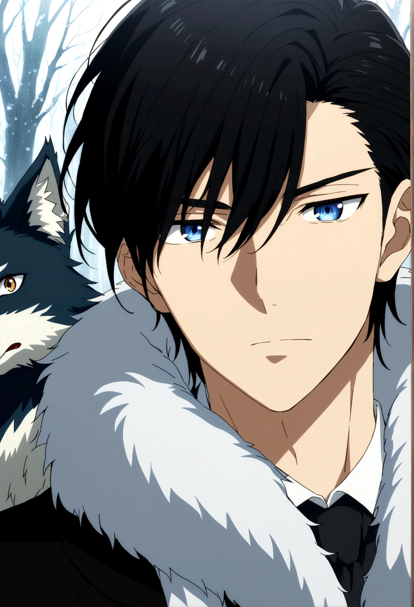 Handsome, tall guy, short hair, black suit, formal , closed mouth, male, blue eyes, black hair, anime, cold, yokai wolf, ikemen, potrait, aesthetic, cool, single person